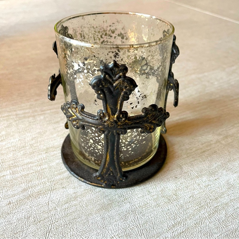 Bronze Metal Glass Fleur De Lis Cross Design Candle Holder